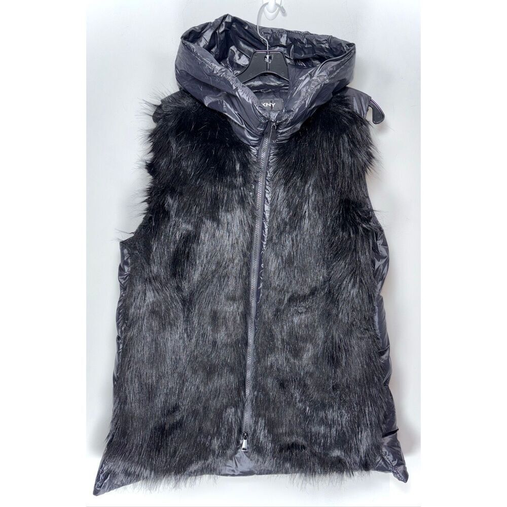 DKNY faux fur black vest size large